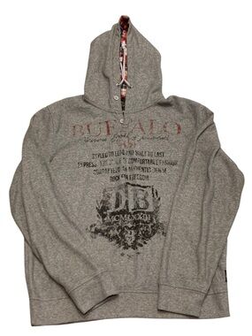 Buffalo David Bitton Heather Gray Graphic Hoodie red plaid inside hood large